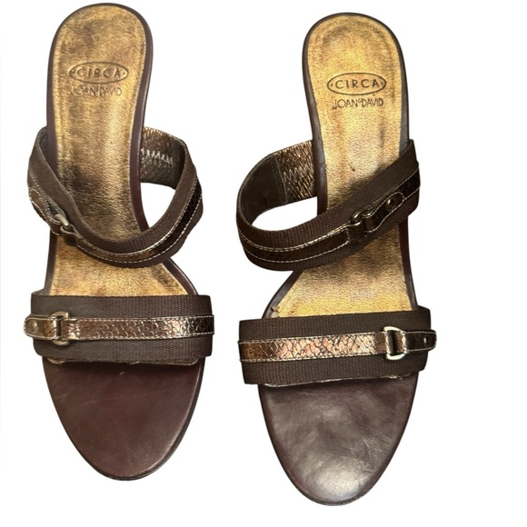 CIRCA JOAN & DAVID Leather And Canvas SZ 8 Open Toe Heel 2 Strap Y2K Bronze EUC - Picture 5 of 17